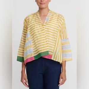 INJIRI Cotton Lightweight Women’s Rasa Jacket in Yellow & White Stripe Size S